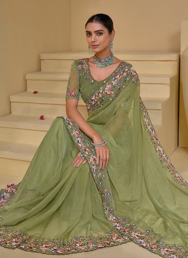 Green Multi Embroidery Festive Silk Saree