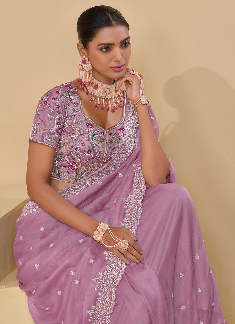 Light Pink Multi Embroidery Festive Silk Saree