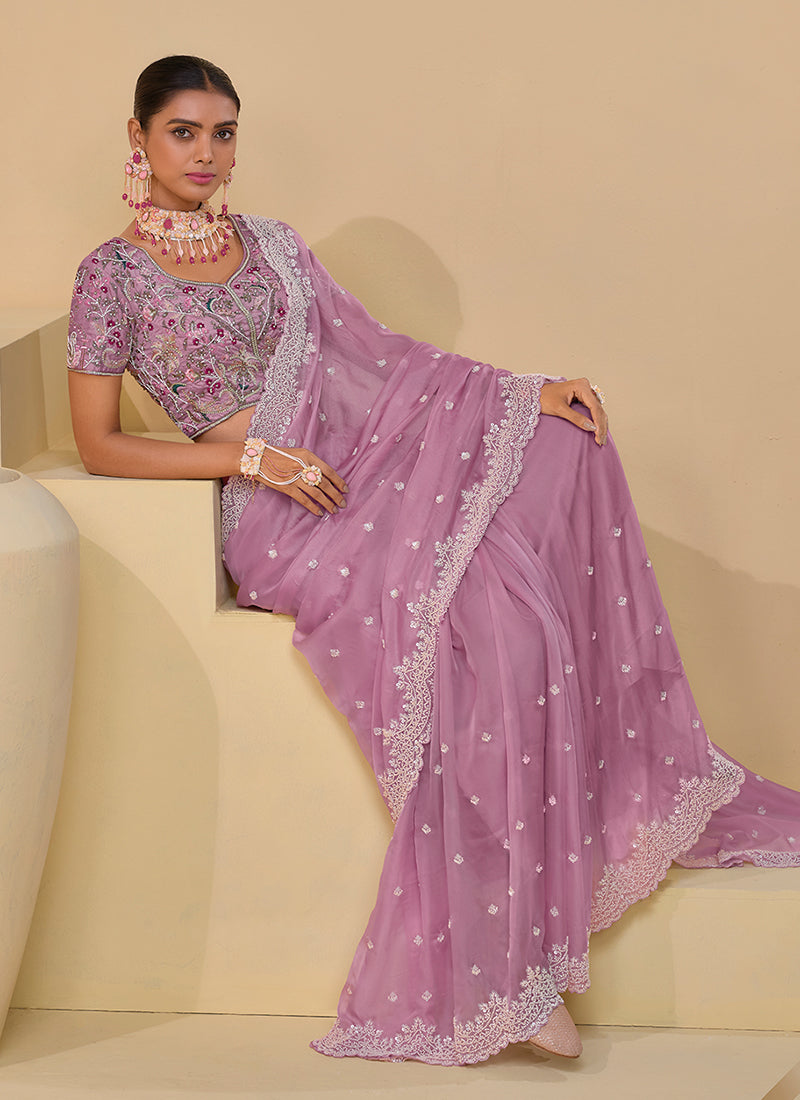 Light Pink Multi Embroidery Festive Silk Saree