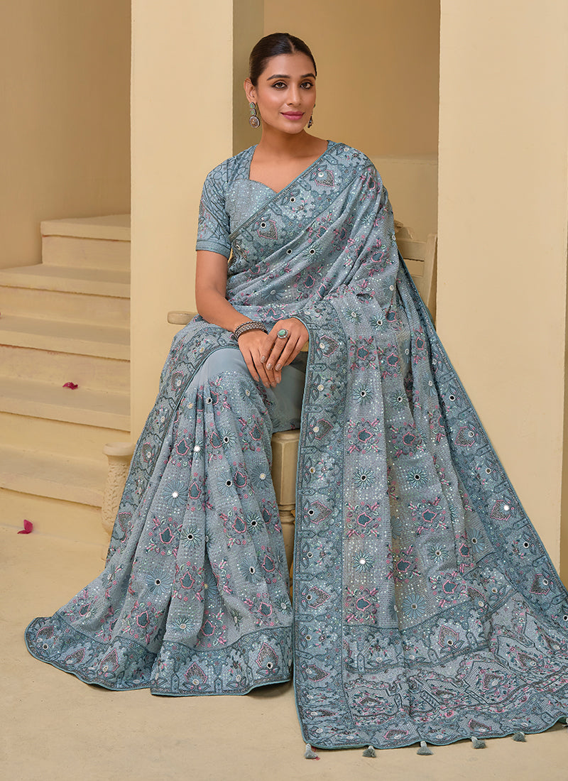 Light Blue Multi Embroidery Festive Silk Saree