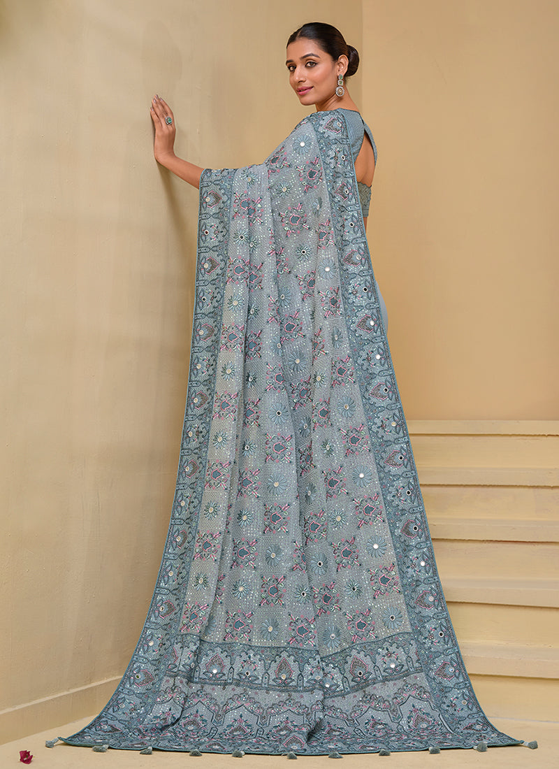 Light Blue Multi Embroidery Festive Silk Saree