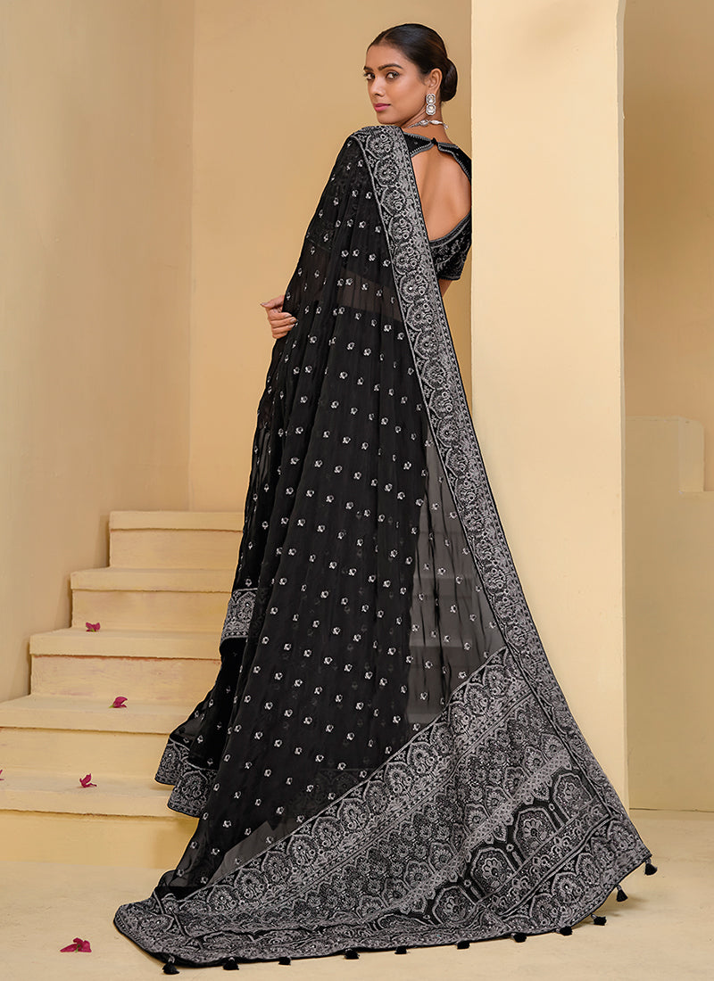 Black Silver Embroidery Festive Silk Saree