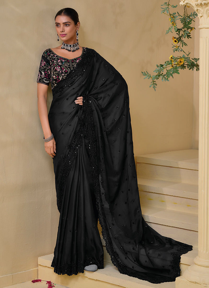 Black Multi Embroidery Festive Silk Saree