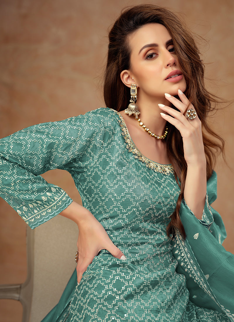 Turquoise Embroidery Party Wear Sharara Suit