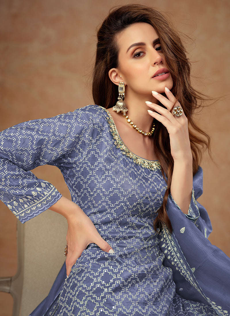 Voilet Blue Embroidery Party Wear Sharara Suit