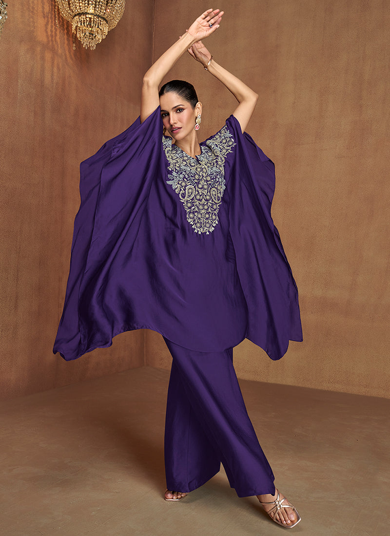 Violet Multi Embroidery Poncho Style Pant Suit