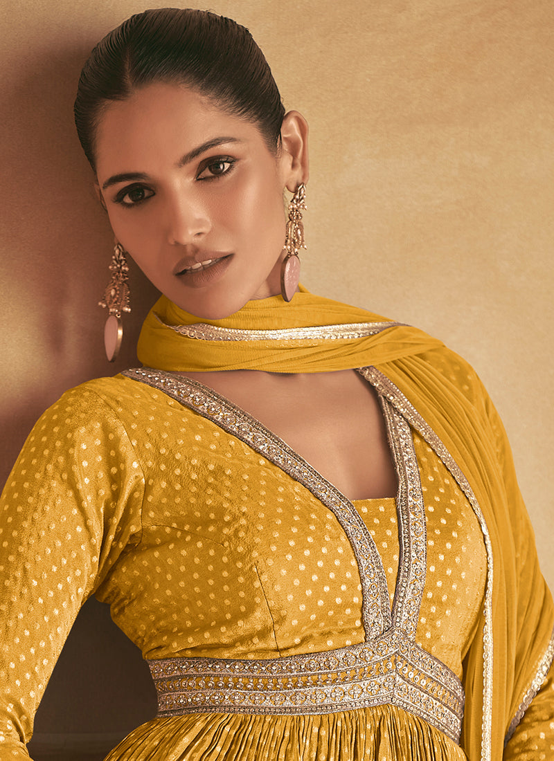 Yellow Embroidered Silk Anarkali Suit