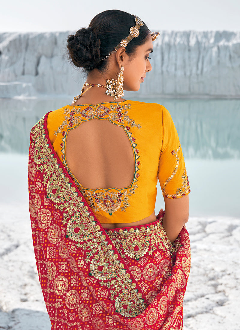 Red And Yellow Embroidered Georgette Saree