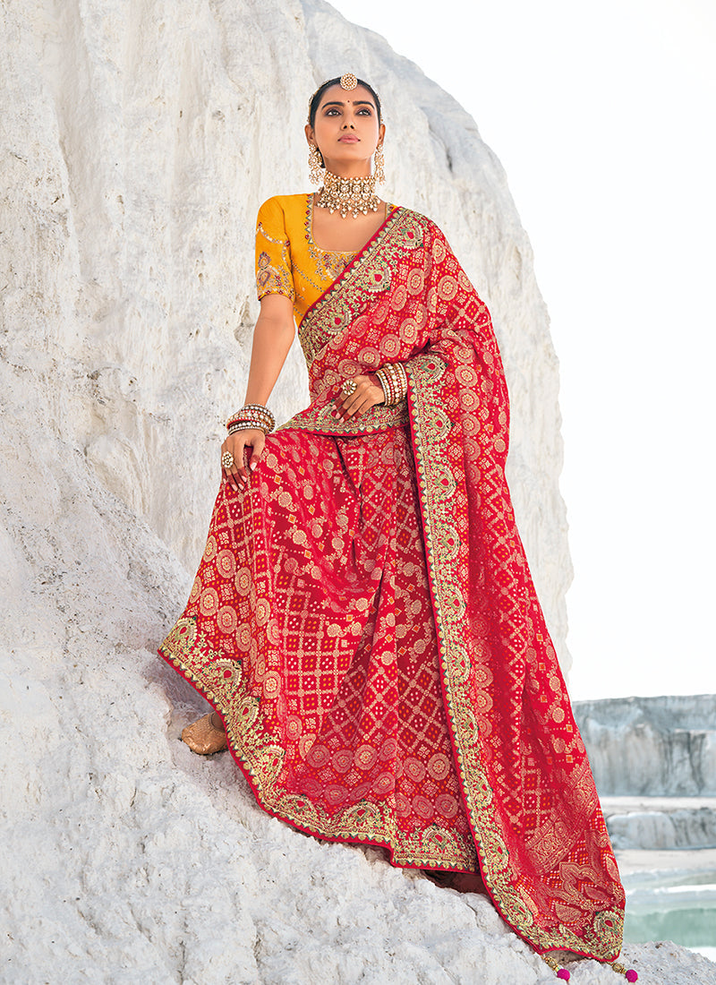 Red And Yellow Embroidered Georgette Saree