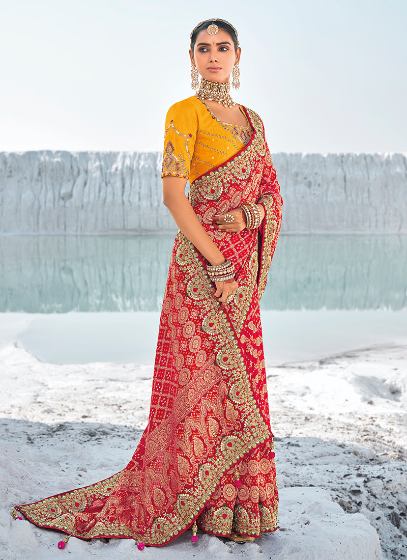 Red And Yellow Embroidered Georgette Saree