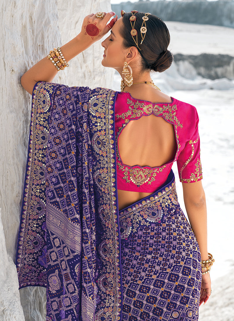 Rich Purple And Magenta Embroidered Patola Georgette Saree