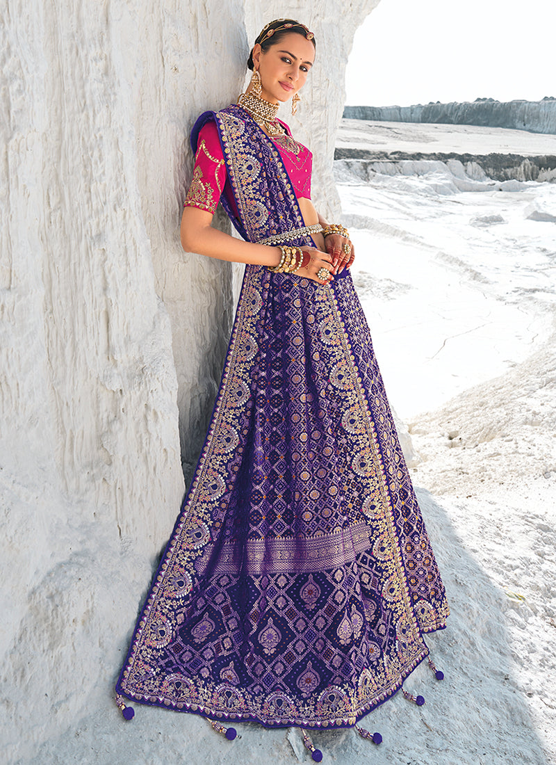 Rich Purple And Magenta Embroidered Patola Georgette Saree