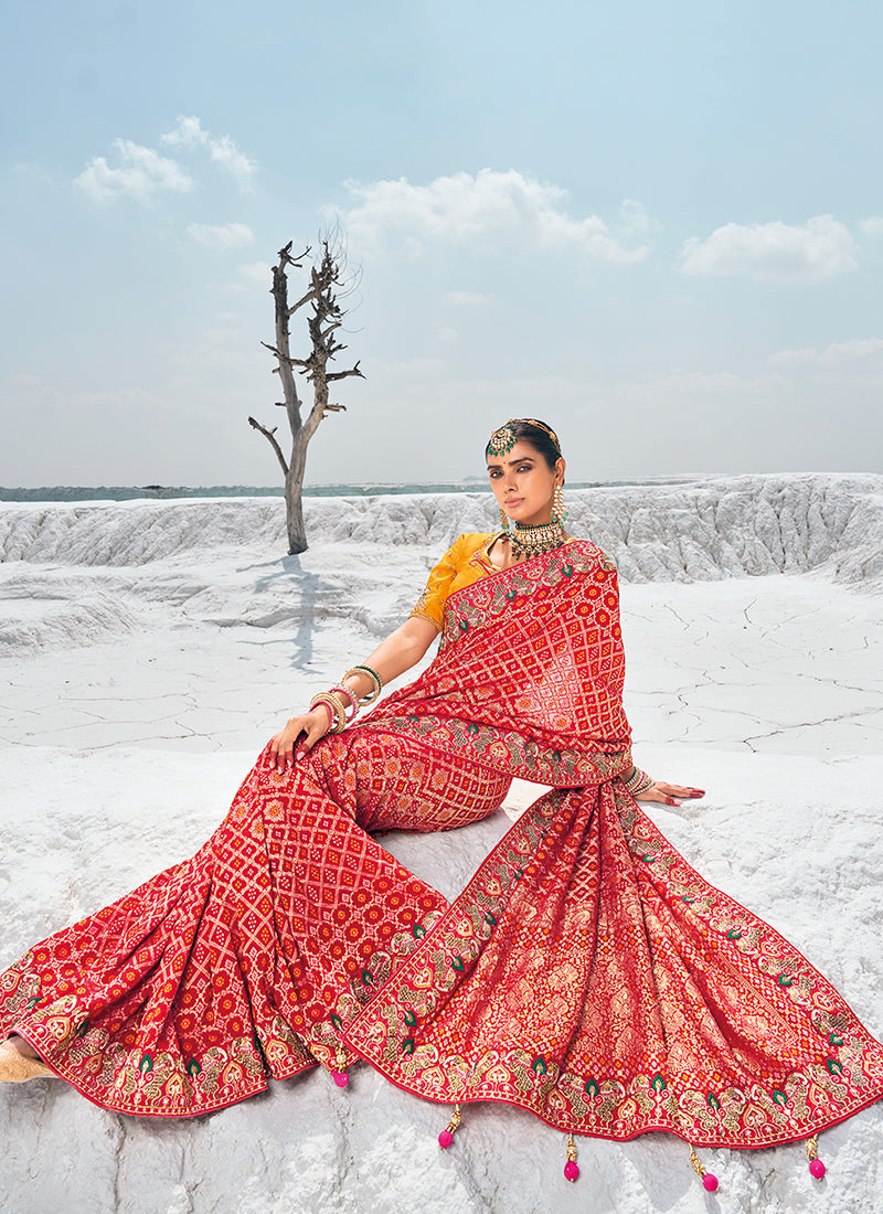 Bridal Red And Yellow Embroidered Patola Georgette Saree