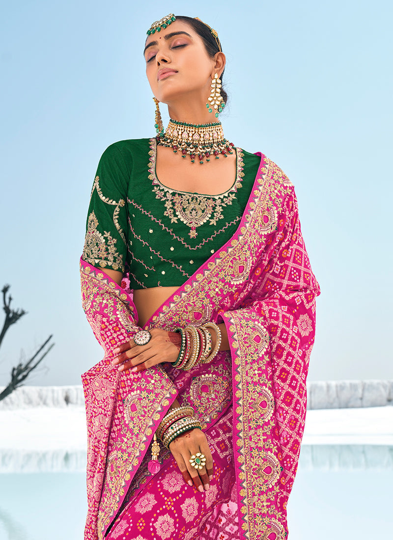 Hot Pink And Green Embroidered Patola Georgette Saree