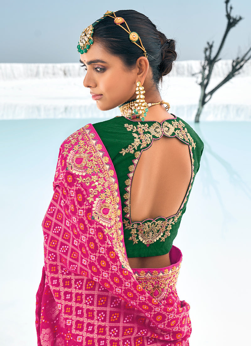 Hot Pink And Green Embroidered Patola Georgette Saree