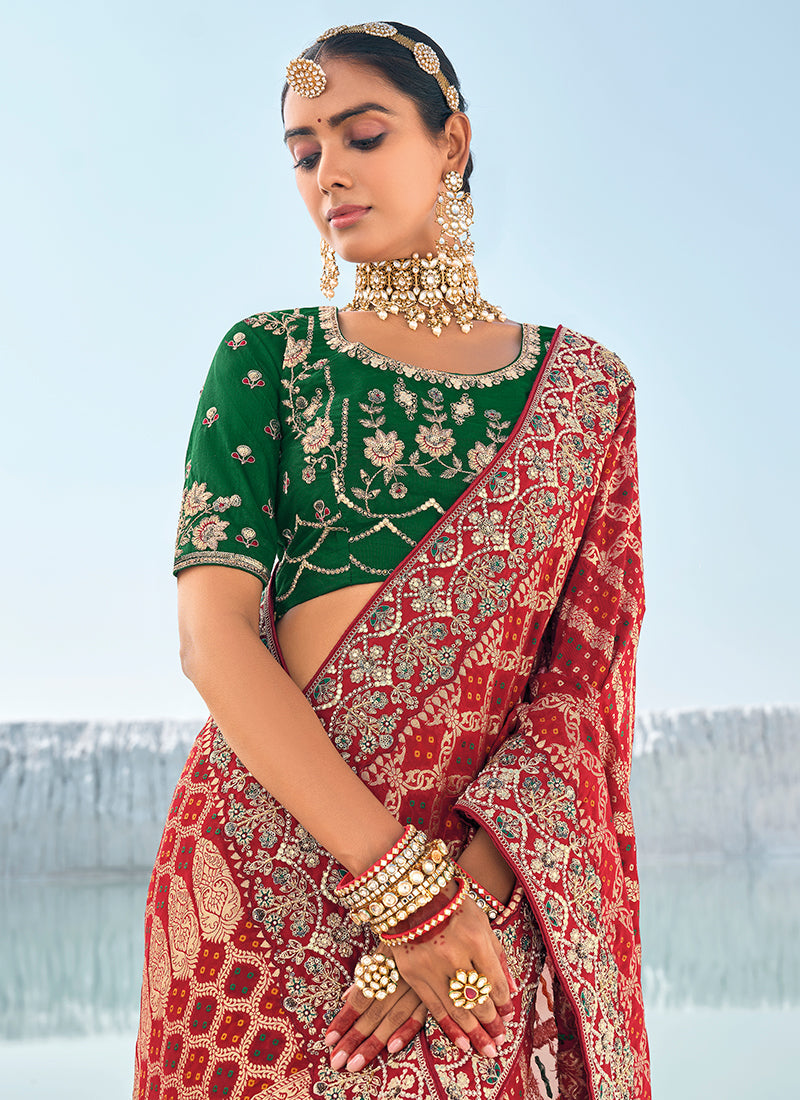 Crimson Red And Green Embroidered Patola Georgette Saree