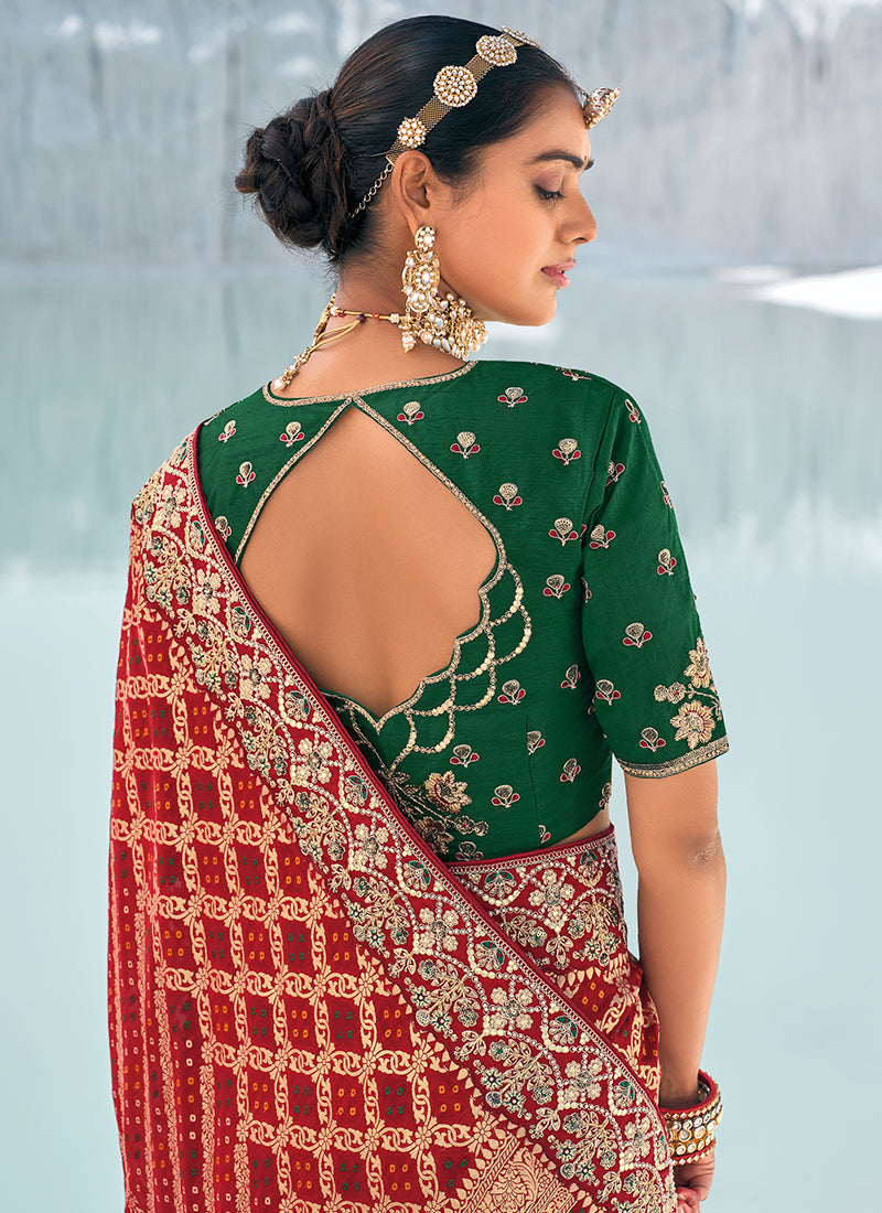 Crimson Red And Green Embroidered Patola Georgette Saree