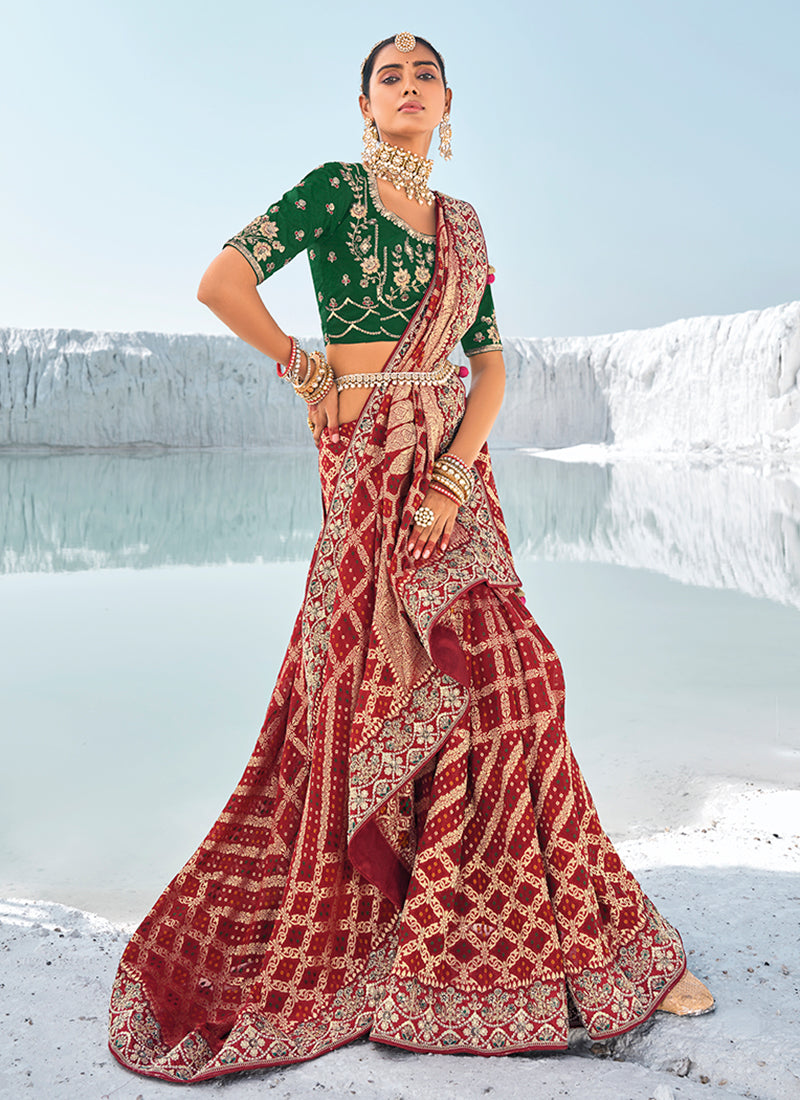 Crimson Red And Green Embroidered Patola Georgette Saree