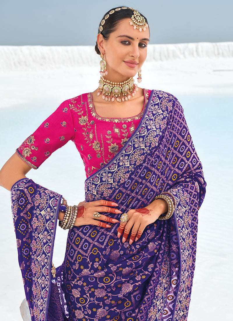 Purple And Pink Embroidered Patola Georgette Saree