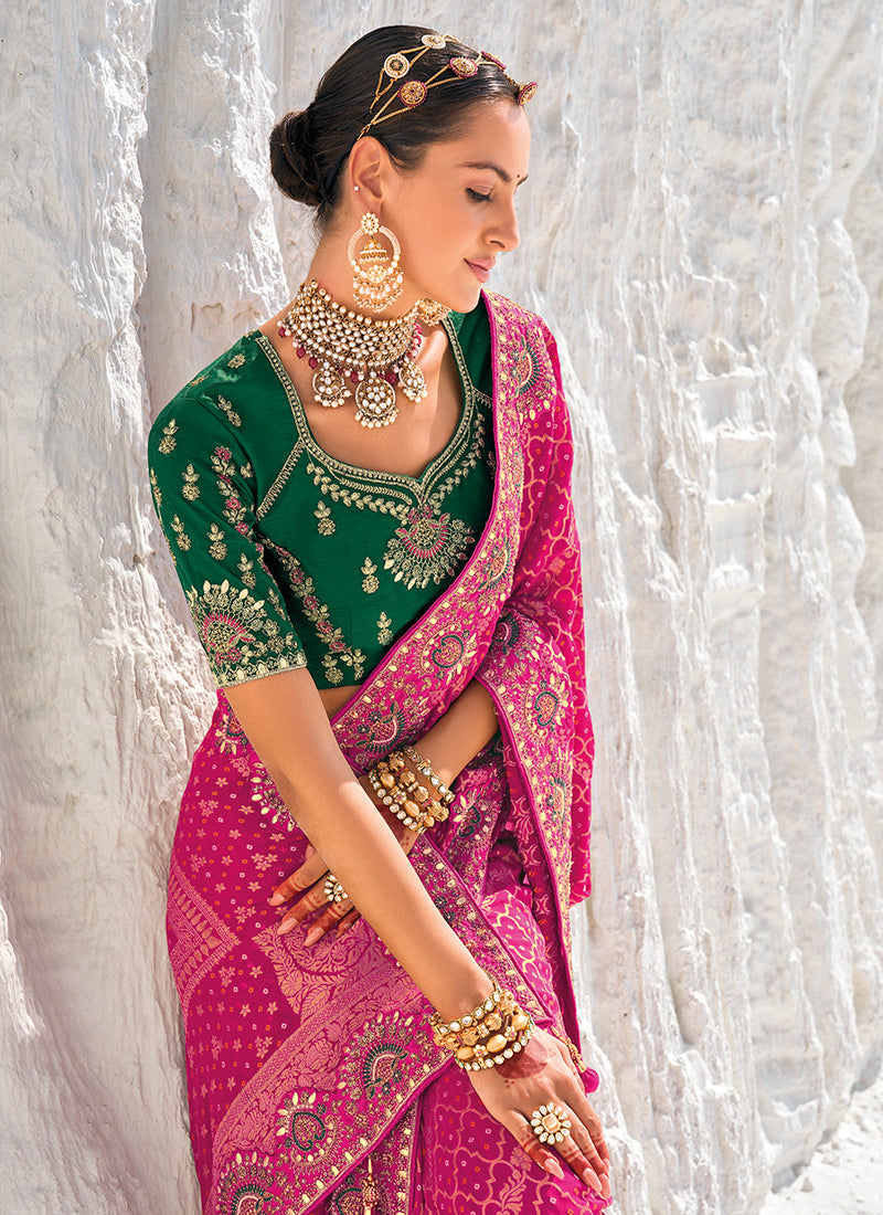 Pink And Green Embroidered Patola Georgette Saree