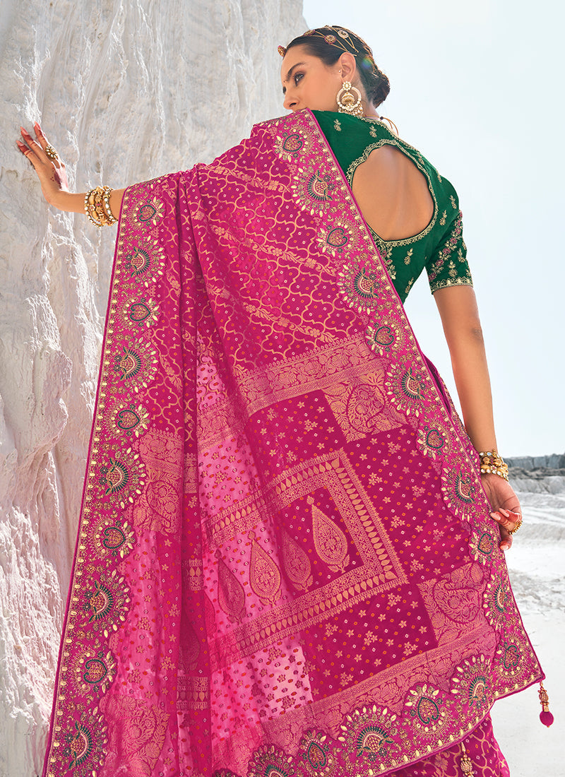 Pink And Green Embroidered Patola Georgette Saree