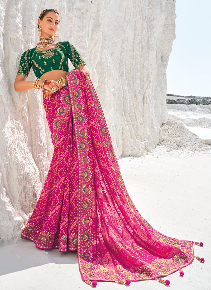 Pink And Green Embroidered Patola Georgette Saree