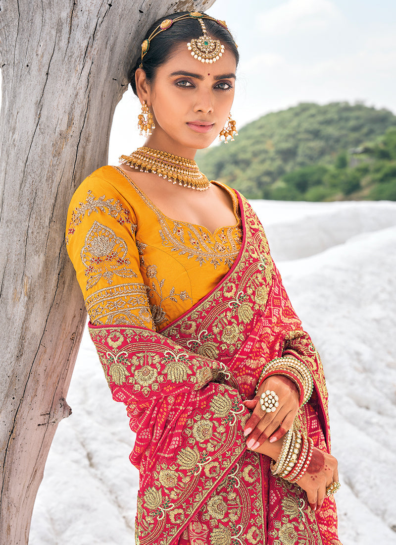 Red And Yellow Embroidered Patola Georgette Saree