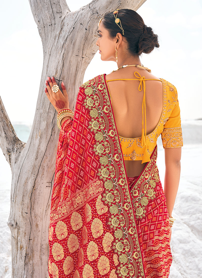 Red And Yellow Embroidered Patola Georgette Saree