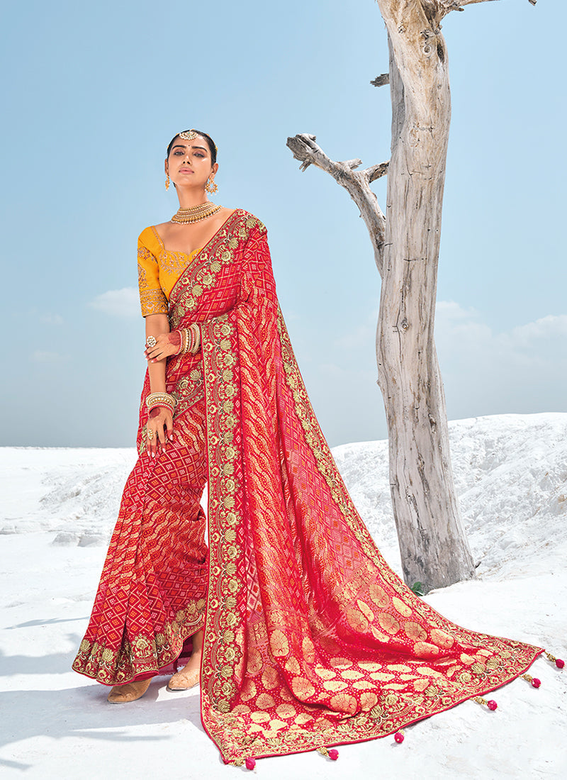 Red And Yellow Embroidered Patola Georgette Saree