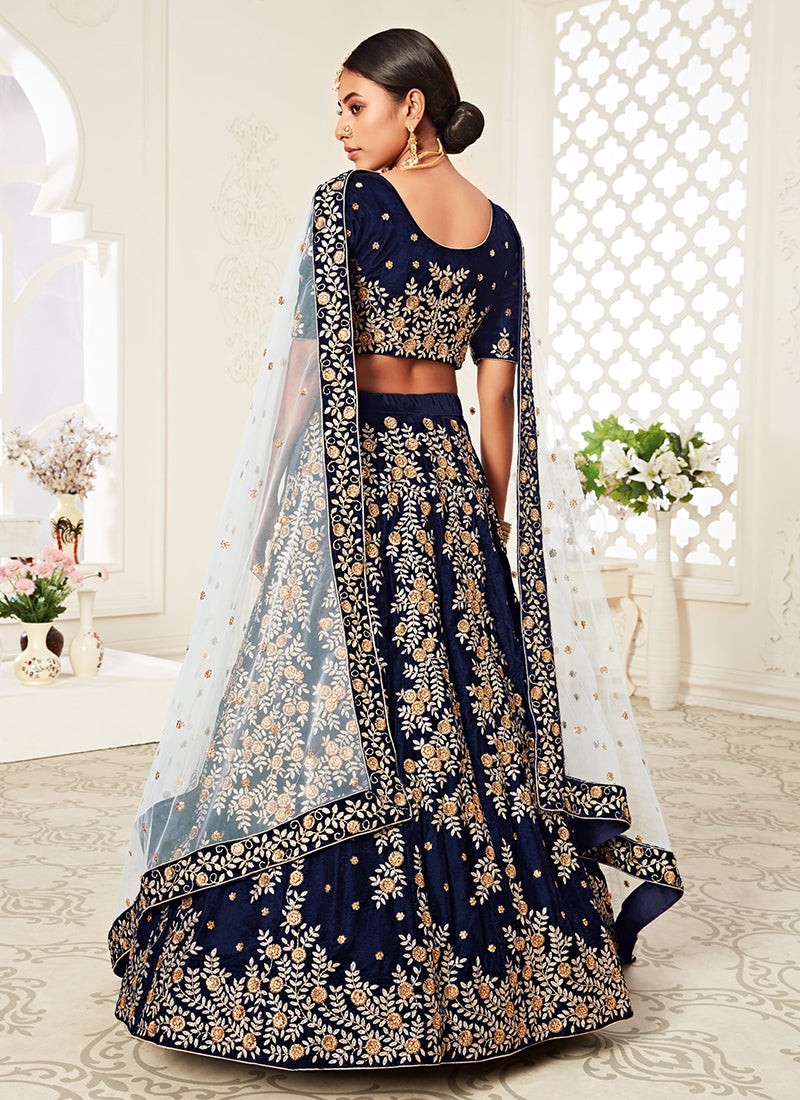 Dark Blue Embroidery Wedding Lehenga Choli