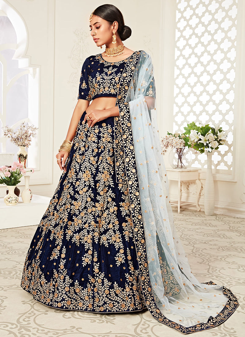 Dark Blue Embroidery Wedding Lehenga Choli