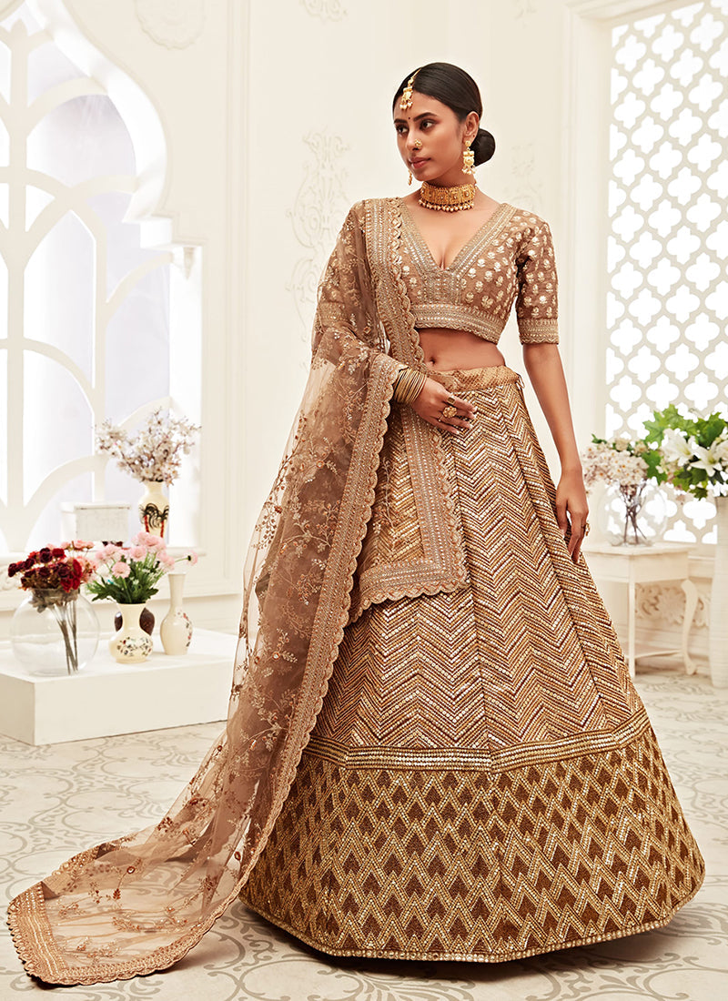 Beige Golden Embroidery Wedding Lehenga Choli