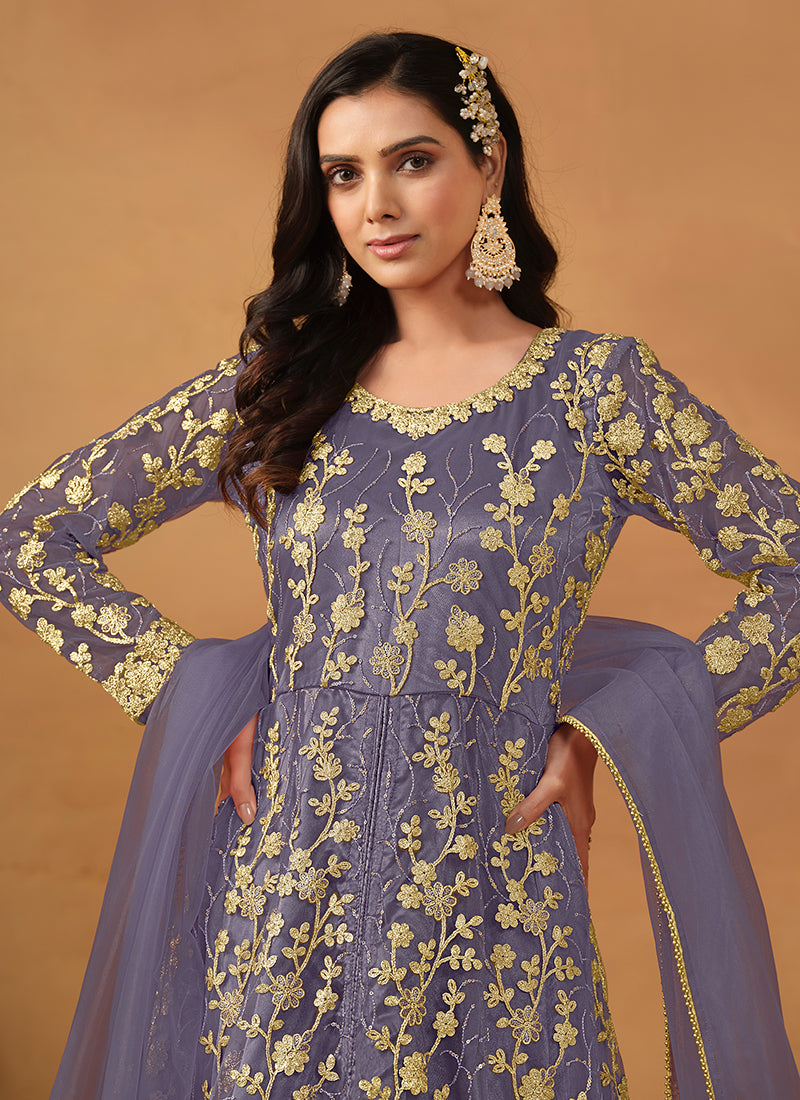 Light Purple Embroidered Slit Style Anarkali Pant Suit