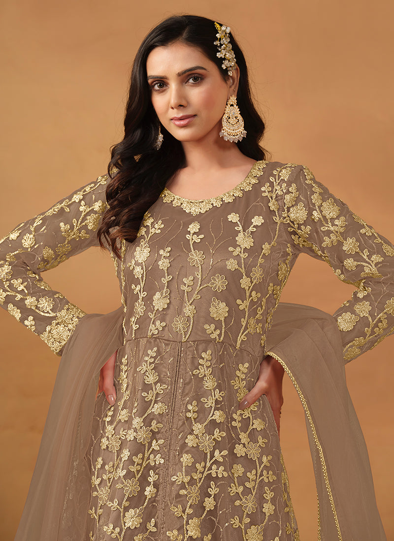 Light Brown Embroidered Slit Style Anarkali Pant Suit