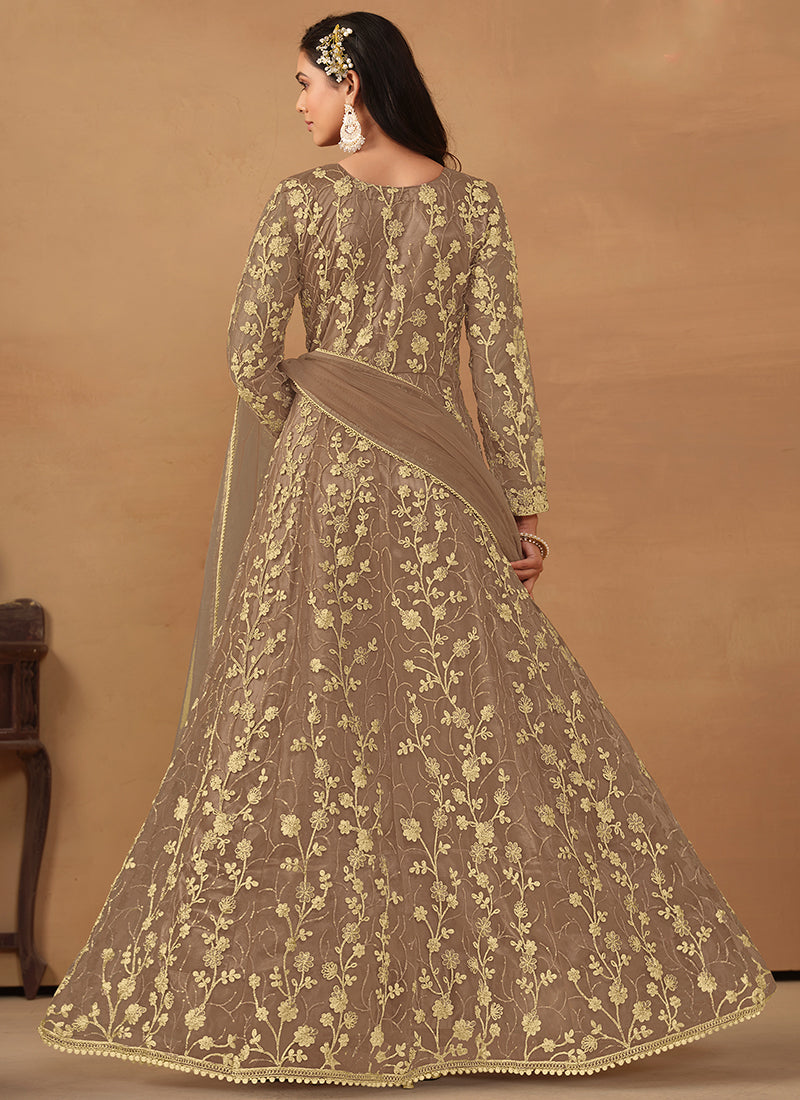 Light Brown Embroidered Slit Style Anarkali Pant Suit