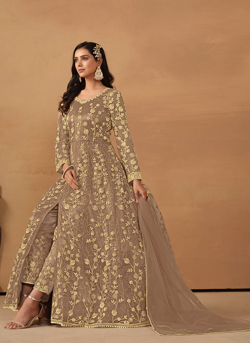 Light Brown Embroidered Slit Style Anarkali Pant Suit