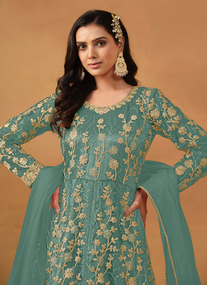 Turquoise Embroidered Slit Style Anarkali Pant Suit