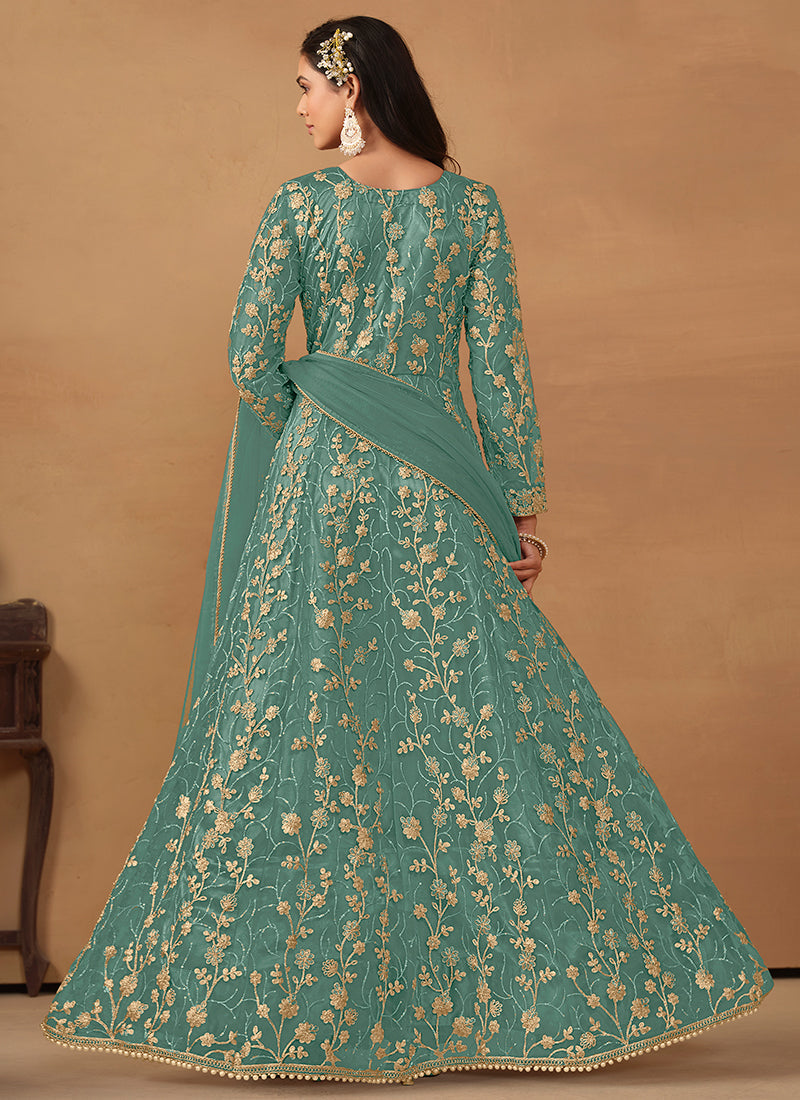 Turquoise Embroidered Slit Style Anarkali Pant Suit