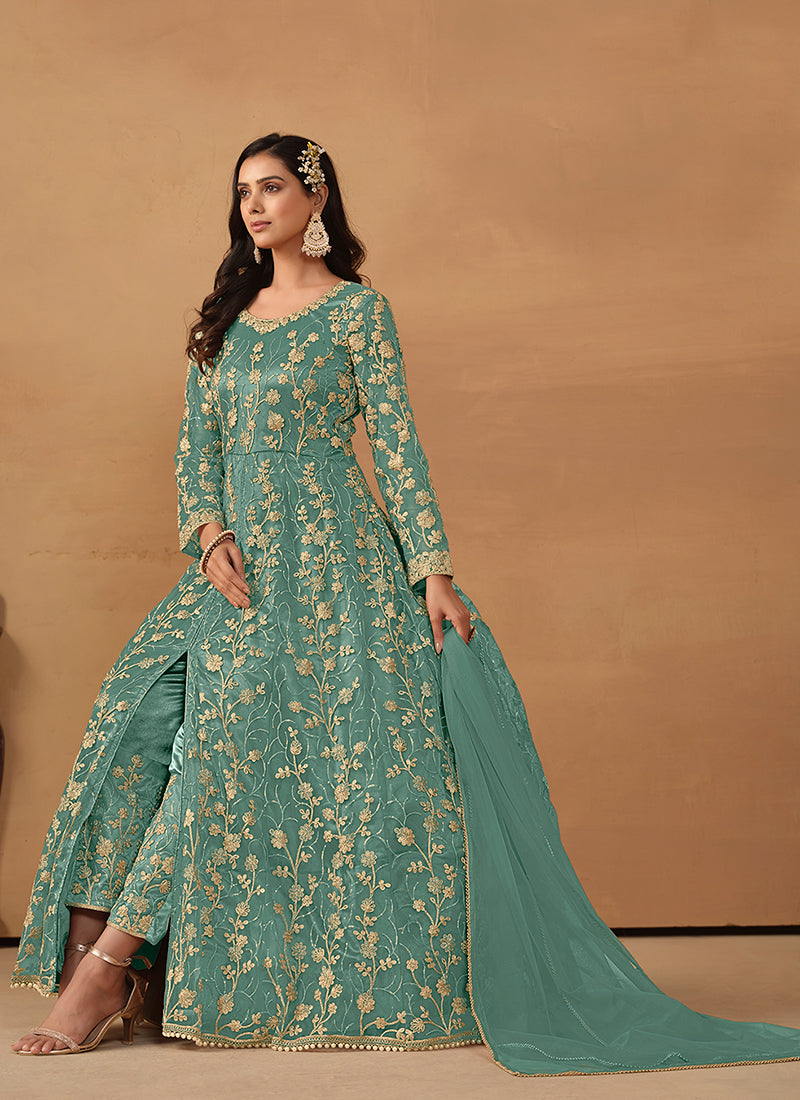 Turquoise Embroidered Slit Style Anarkali Pant Suit