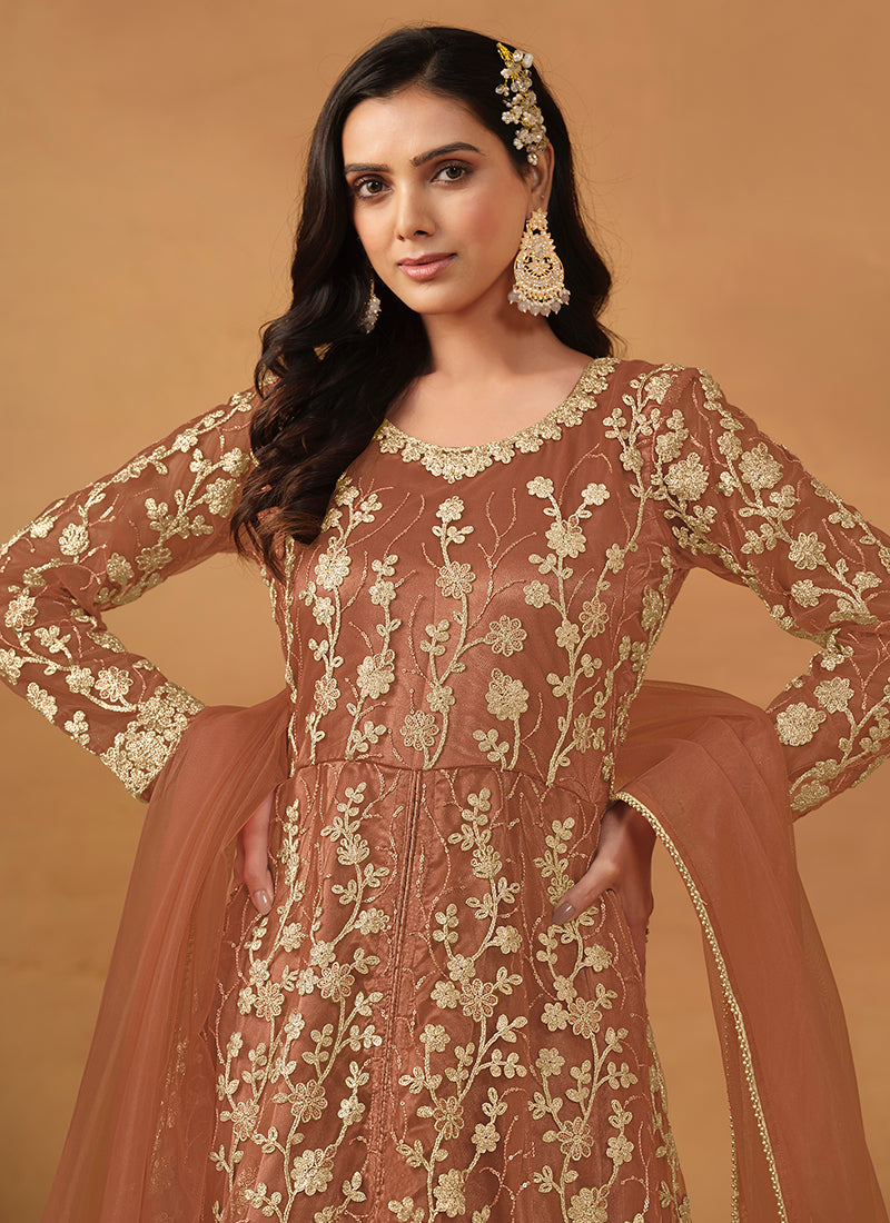 Peach Embroidered Slit Style Anarkali Pant Suit