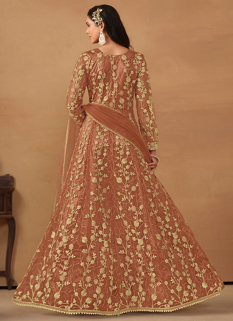 Peach Embroidered Slit Style Anarkali Pant Suit