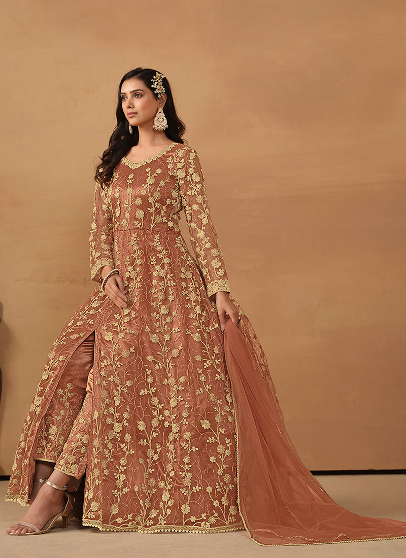 Peach Embroidered Slit Style Anarkali Pant Suit