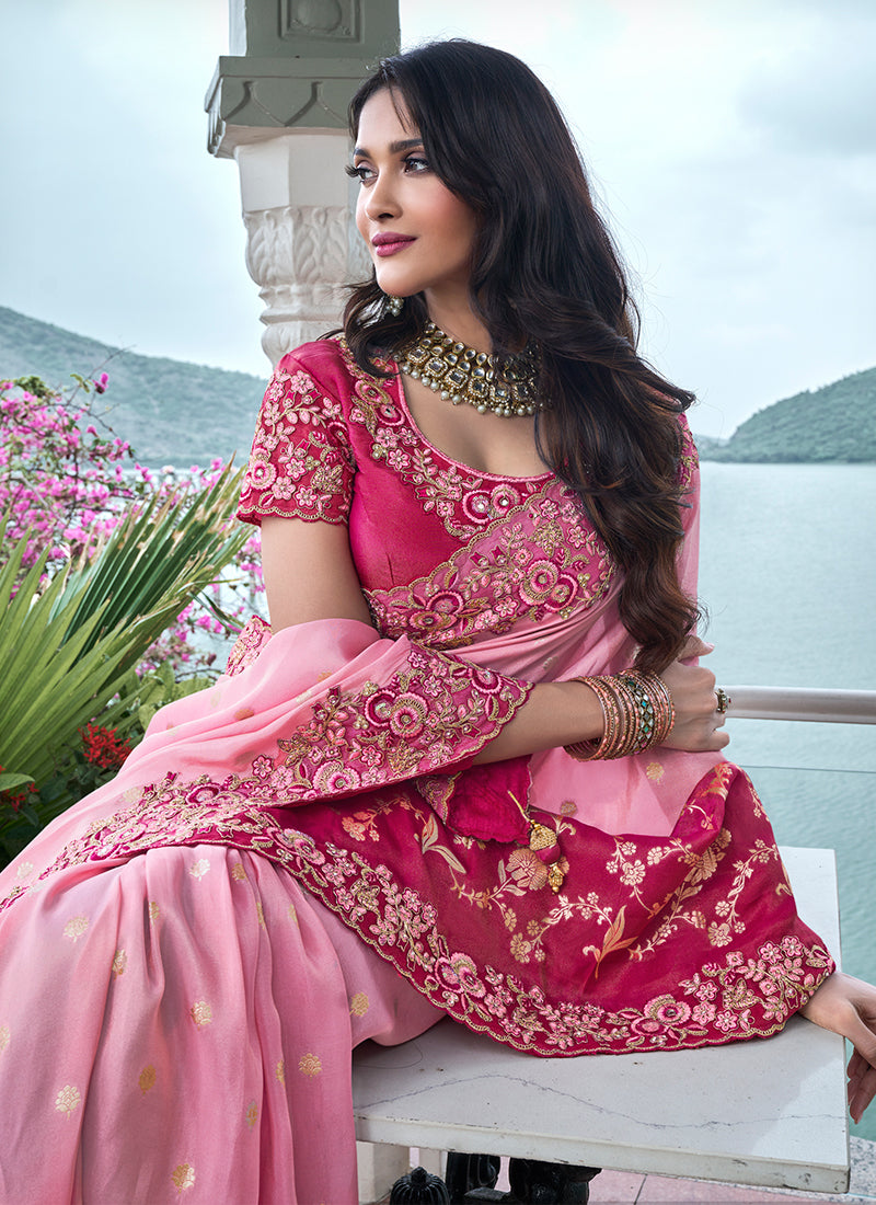 Pink Ombré Multi Embroidery Tissue Silk Saree