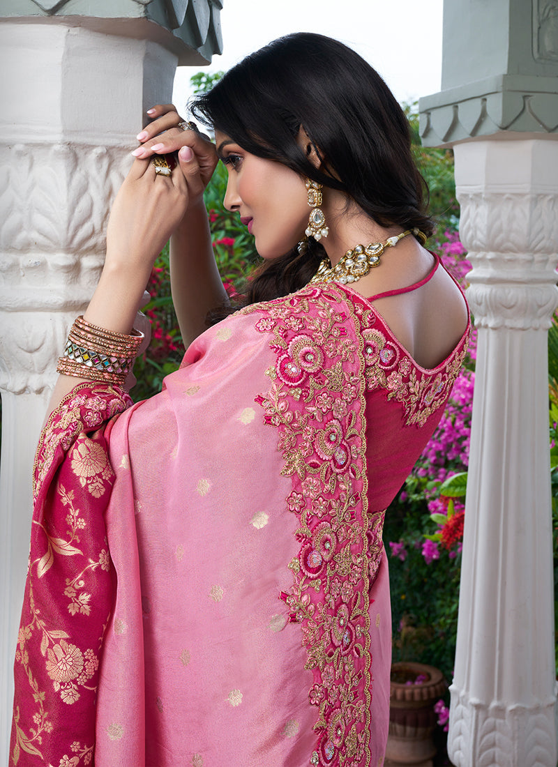 Pink Ombré Multi Embroidery Tissue Silk Saree