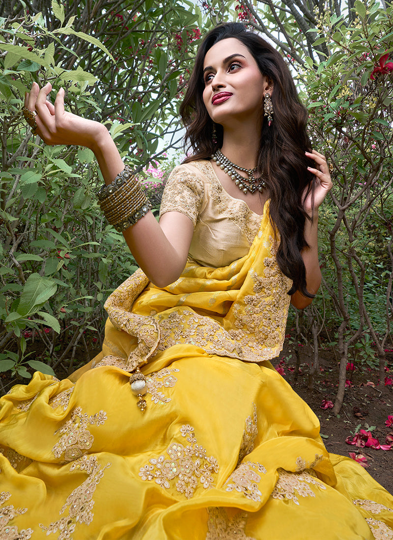 Golden Yellow Multi Embroidery Tissue Silk Saree