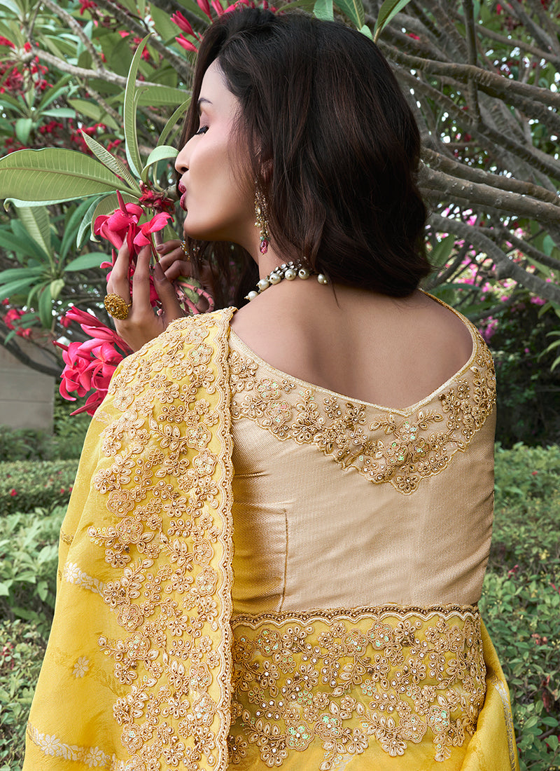 Golden Yellow Multi Embroidery Tissue Silk Saree