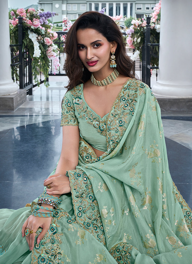 Mint Green Multi Embroidery Tissue Silk Saree