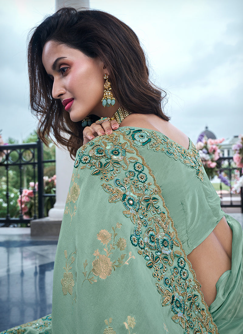 Mint Green Multi Embroidery Tissue Silk Saree