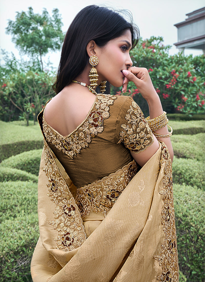 Olive Green Multi Embroidery Tissue Silk Saree