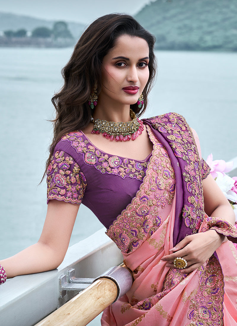 Pink And Purple Multi Embroidery Tissue Silk Saree